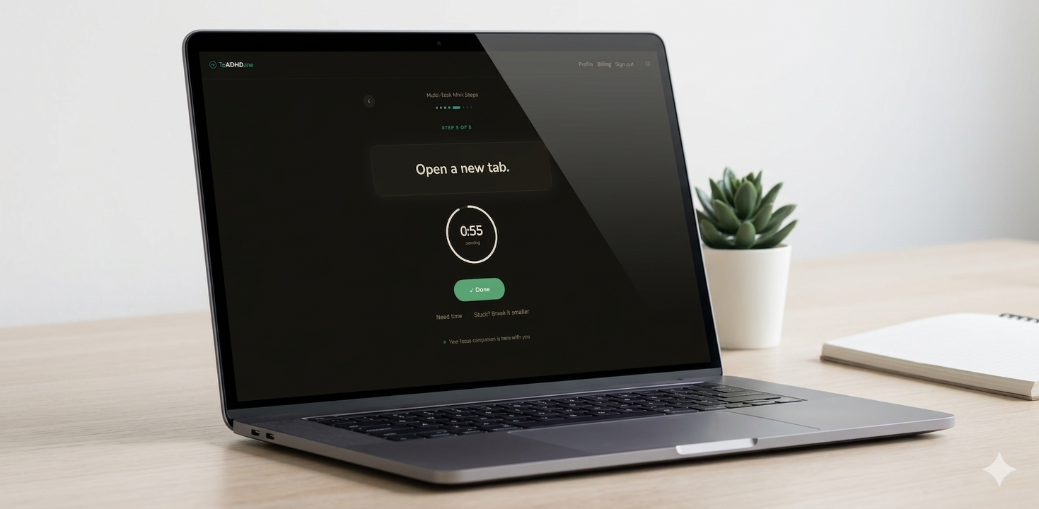 ToADHD app — one step shown with a live timer and check-in buttons